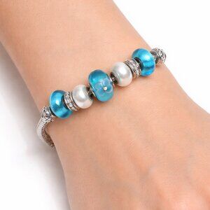 Blue & White Charm Bracelet – Silver Tone with Glass Beads Floral Rhinestones